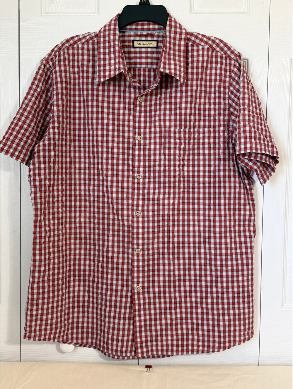 G.H. Bass Mens XL Red White Gingham Camp Shirt Button Down Short Sleeve Cotton